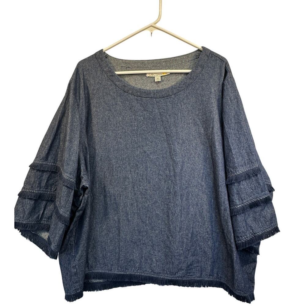 C&C California Women 3X Cotton Chambry Denim Blouse Tiered Sleeves Lagenlook